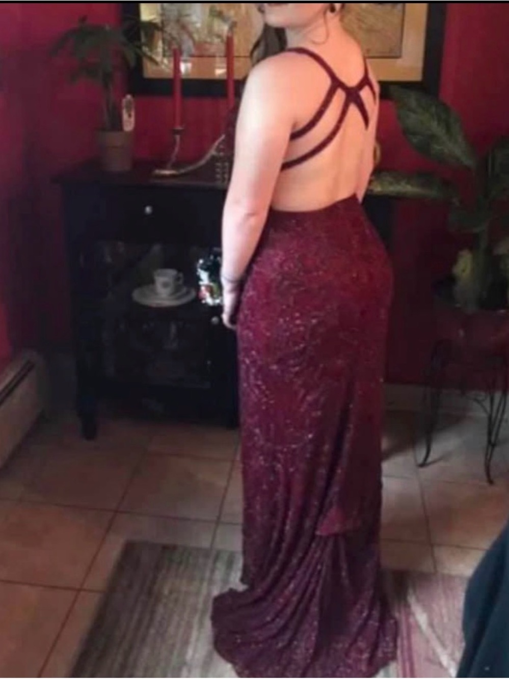 Elegant Burgundy Sequin Backless prom Dress